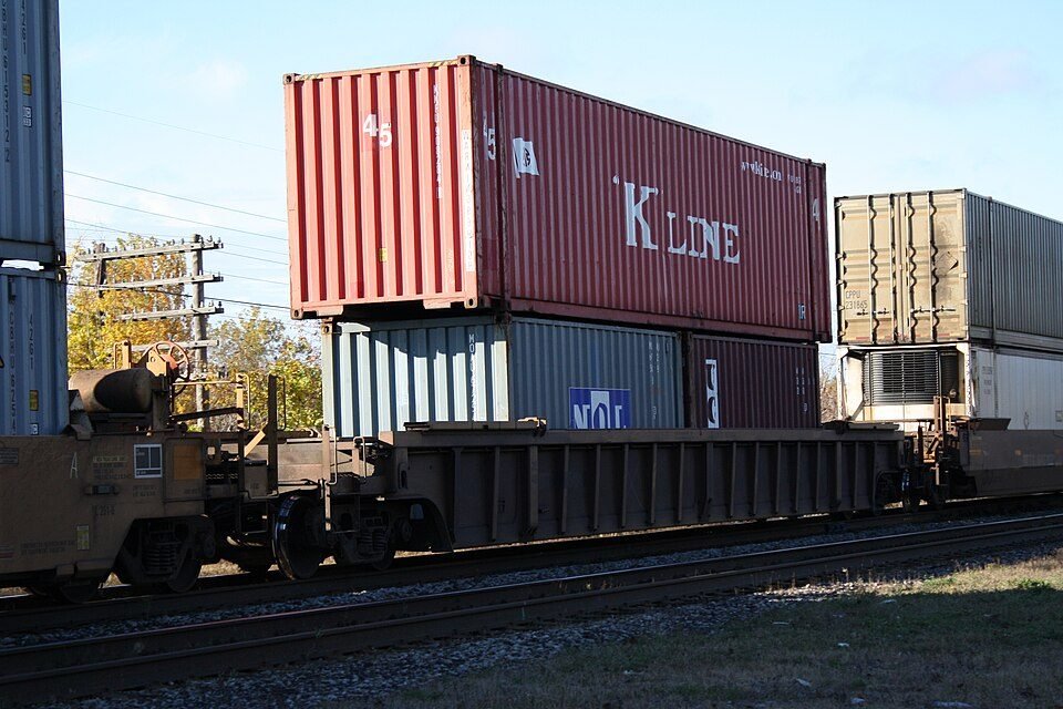 Intermodal containers on a freight train
